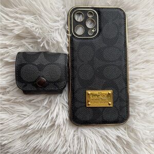 Coach Apple IPhone Black Leather Phone Case and AirPod Case.